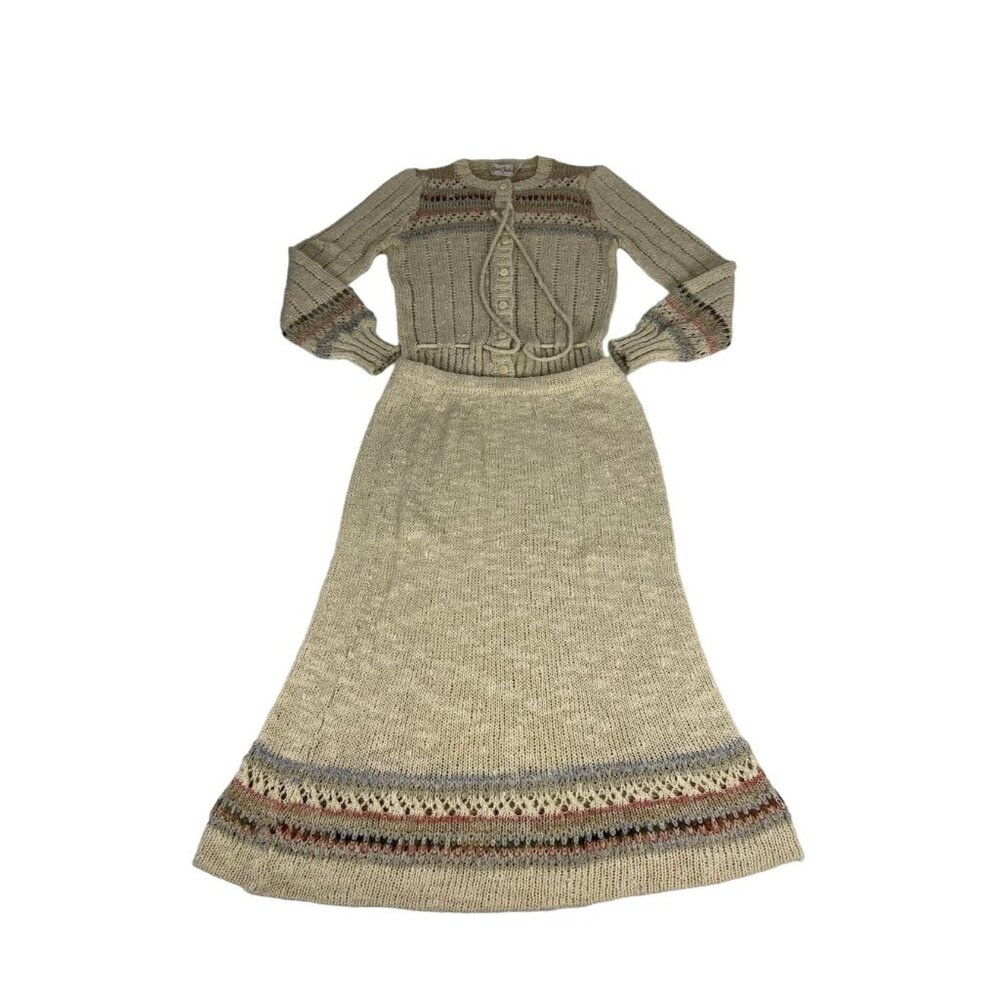 Marisa Christina Two Piece Women's Top Skirt Set Beige Knit Long Sleeve Midi